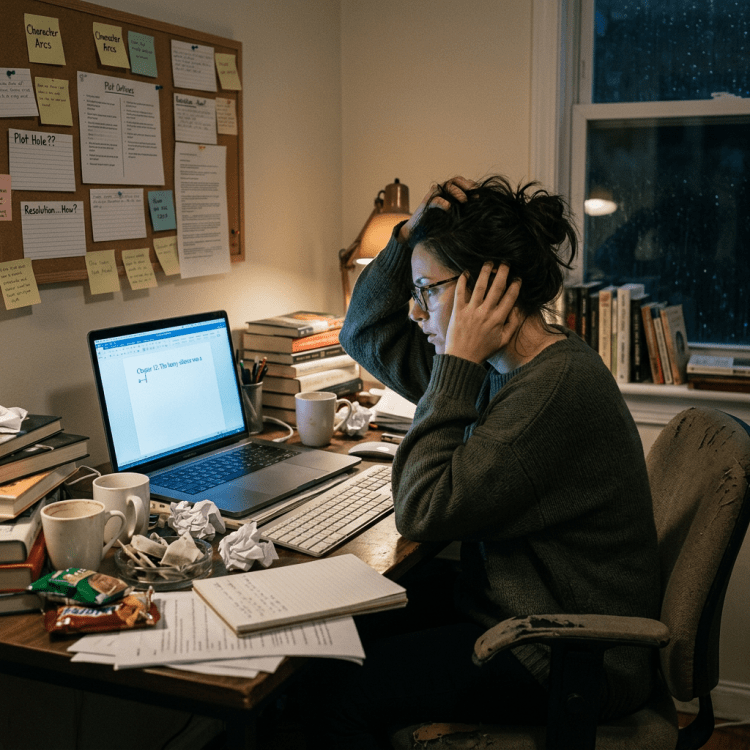 Frustrated woman working on laptop at cluttered desk with papers and coffee cups
