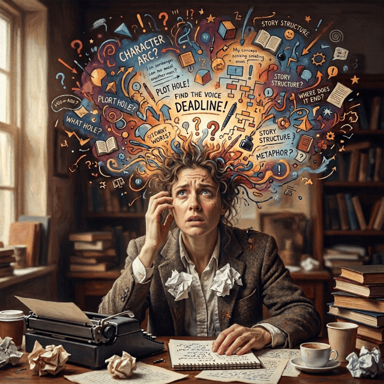 Man overwhelmed by floating writing concepts and deadline pressure while working at a desk